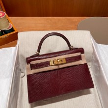 Hermes Mini Kelly II Handbag in lizard leather bordeaux handmade