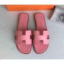 Hermes Oran Flat slippers in epsom leather cherry pink with brown piping