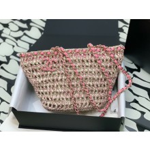 CHANEL Crochet, Mixed Fibers, Calfskin & Gold-Tone Metal Beige & Pink Small Shopping Bag AS3689 2023