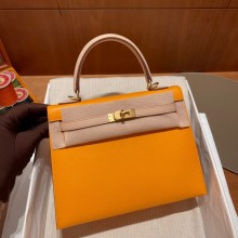 Hermes kelly 25 bag in epsom leather jaune ambre/gray handmade