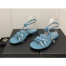 Chanel Heel 2cm CC Logo and Camellia Sandals blue 2023
