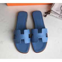 Hermes Oran Flat slippers in epsom leather Blue Izmir with brown piping