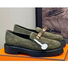 Hermes Women's Icone Loafers suede Leather with Kelly buckle army green 112103-2024
