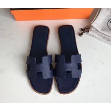 Hermes Oran Flat slippers in epsom leather dark blue with brown piping