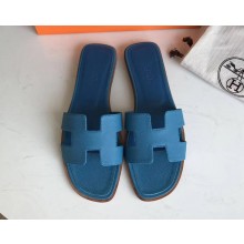 Hermes Oran Flat slippers in epsom leather indigo with brown piping