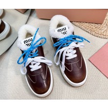 Miu Miu lace-up calfskin with shearling sneakers coffee 1109-2024