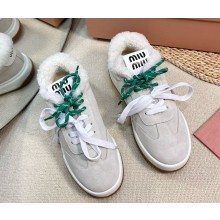 Miu Miu lace-up suede calfskin with shearling sneakers white 1109-2024