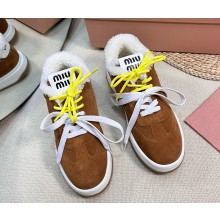 Miu Miu lace-up suede calfskin with shearling sneakers brown 1109-2024