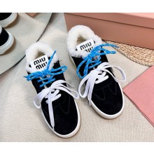 Miu Miu lace-up suede calfskin with shearling sneakers black 1109-2024