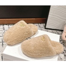 Prada Enameled metal triangle logo shearling padded slippers beige 1029-2024