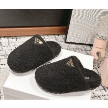 Prada Enameled metal triangle logo shearling padded slippers black 1029-2024