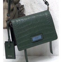 Prada Etiquette Crocodile Embossed Leather Bag Green