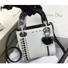 DIOR MINI "LADY DIOR" BAG CALFSKIN STUDDED WITH BEADS AND RHINESTONE WHITE & BLACK