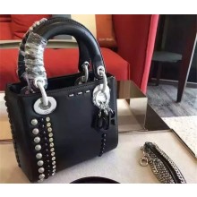 DIOR MINI "LADY DIOR" BAG CALFSKIN STUDDED WITH BEADS AND RHINESTONE BLACK