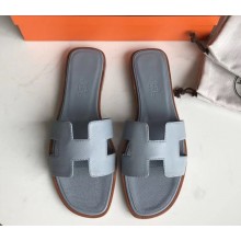 Hermes Oran Flat slippers in epsom leather blue lin with brown piping
