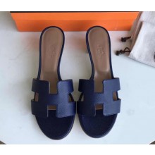Hermes Heel 5cm Oasis Slipper Sandals in epsom Leather navy blue/brown