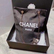 chanel gray denim shopping bag 2023