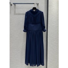 LOUIS VUITTON Topstitch Detail Gathered Silk Dress BLUE 2024