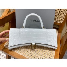 BALENCIAGA Hourglass PLUS Handbag in white shiny crocodile embossed calfskin with golden hardware 2022 