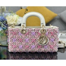 DIOR MEDIUM LADY D-JOY BAG IN WHITE Satin Embroidered WITH PINK FLOWERS 2025