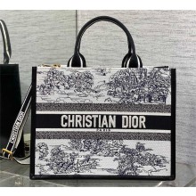 Dior medium Book Tote bag in White and Blue Toile de Jouy Scotland Embroidery and Blue Calfskin 2025