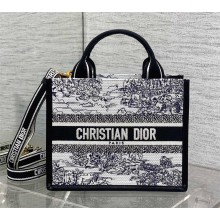 Dior small Book Tote bag in White and Blue Toile de Jouy Scotland Embroidery and Blue Calfskin 2025