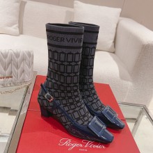 Roger Vivier heel 4.5cm Belle Vivier Sock Lacquered Buckle Ankle Boots in Patent Leather blue 2023
