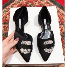 Manolo Blahnik Crystal Satin Flat Shoes Black 2018
