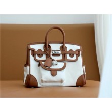 hermes birkin 25 cargo swift leather/canvas white/brown (full handmade)