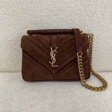 saint laurent MEDIUM COLLEGE BAG in quilted suede dark chocolate 2024 (original quality)