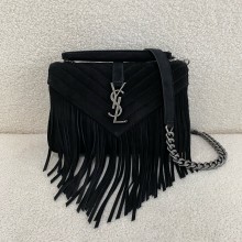 saint laurent MEDIUM COLLEGE BAG in quilted suede black with fringe 2024 (original quality)
