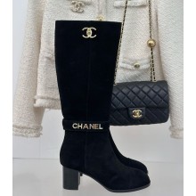 chanel black suede leather High Boots with CC Logo heel 8cm 1111-2024