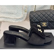 Chanel Velvet  CC Logo classic slippers Black  heel 5cm 1113-2024