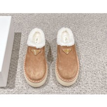 Prada Women's suede Brown Triangle-logo Round-toe Mules 2024