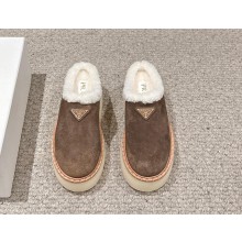 Prada Women's suede coffee Triangle-logo Round-toe Mules 2024