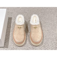 Prada Women's suede beige Triangle-logo Round-toe Mules 2024