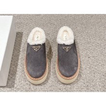 Prada Women's suede grey Triangle-logo Round-toe Mules 2024