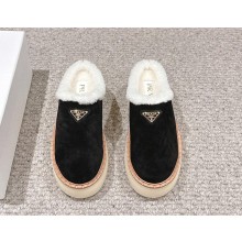 Prada Women's suede black Triangle-logo Round-toe Mules 2024