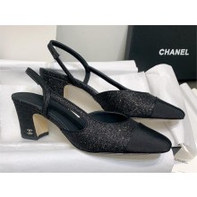 Chanel Heel 6.5cm Glitter & Grosgrain Sling-Back Black G31319 2023
