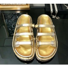 Chanel Lambskin slippers with crystal cc logo gold 2025