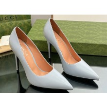 Gucci Heel 10.5cm Leather Pointy Toe Pumps Light Gray 2023