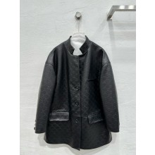 Gucci BLACK Black GG embossed leather JACKET 2024 