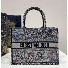 Dior Medium Book Tote Bag in Denim Blue Multicolor Dior Jardin Magique Embroidery 2023