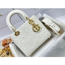 Dior Small Lady Dior Bag in Latte White Quilted-Effect Lambskin with Ornamental Motif 2023