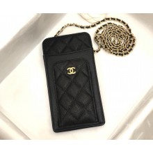 CHANEL Phone Holder with Chain in grained calfskin black/gold 2024