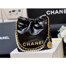 chanel Shiny Calfskin & Gold-Tone Metal 22 Mini Handbag AS3980 black with pearls 2023(original quality)