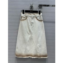 dior White Burned-Effect Cotton Denim Flared Mid-Length Skirt 2024