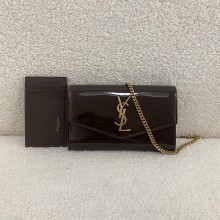 saint laurent Uptown patent leather wallet on chain burgundy 2024(original quality)