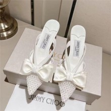 jimmy choo heel 6.5cm white Crystal Mesh Mules with Bows 2023