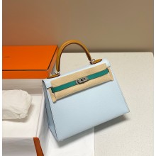 hermes kelly 25 bag in epsom leather blue/green/brown with silver hardware(handmade)